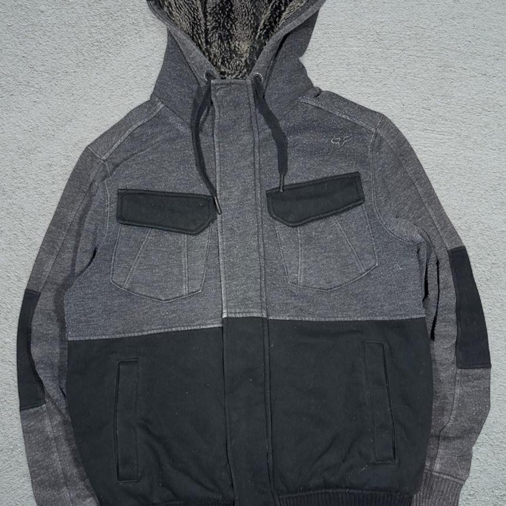 Fox Racing Sasquatch Faux Fur Lined Zip Up Hoodie Mens Small Gray Black Y2K
